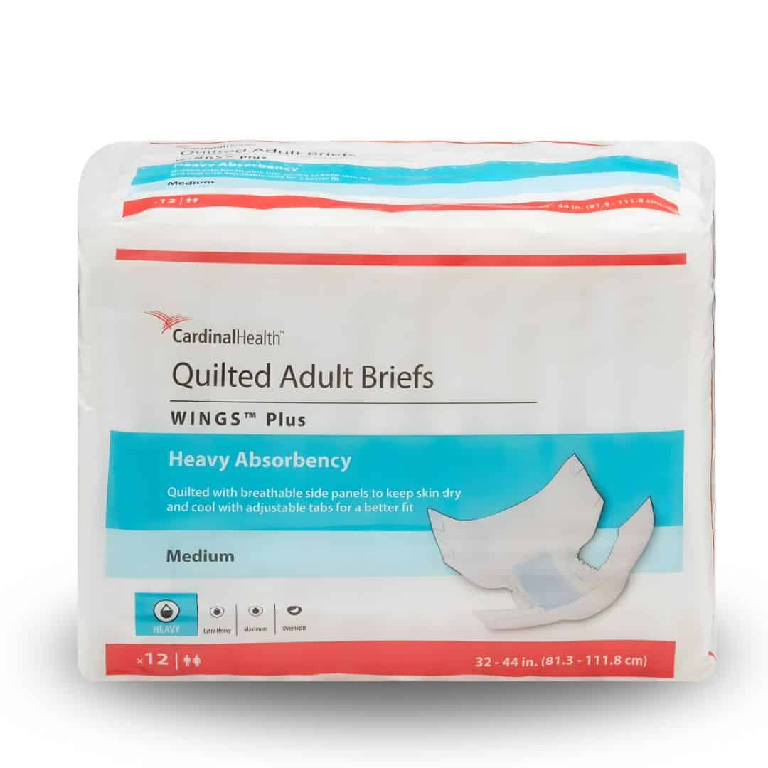 Cardinal Health, Wings Plus, Quilted Adult Briefs, Heavy Absorbency, Medium (Case of 96)